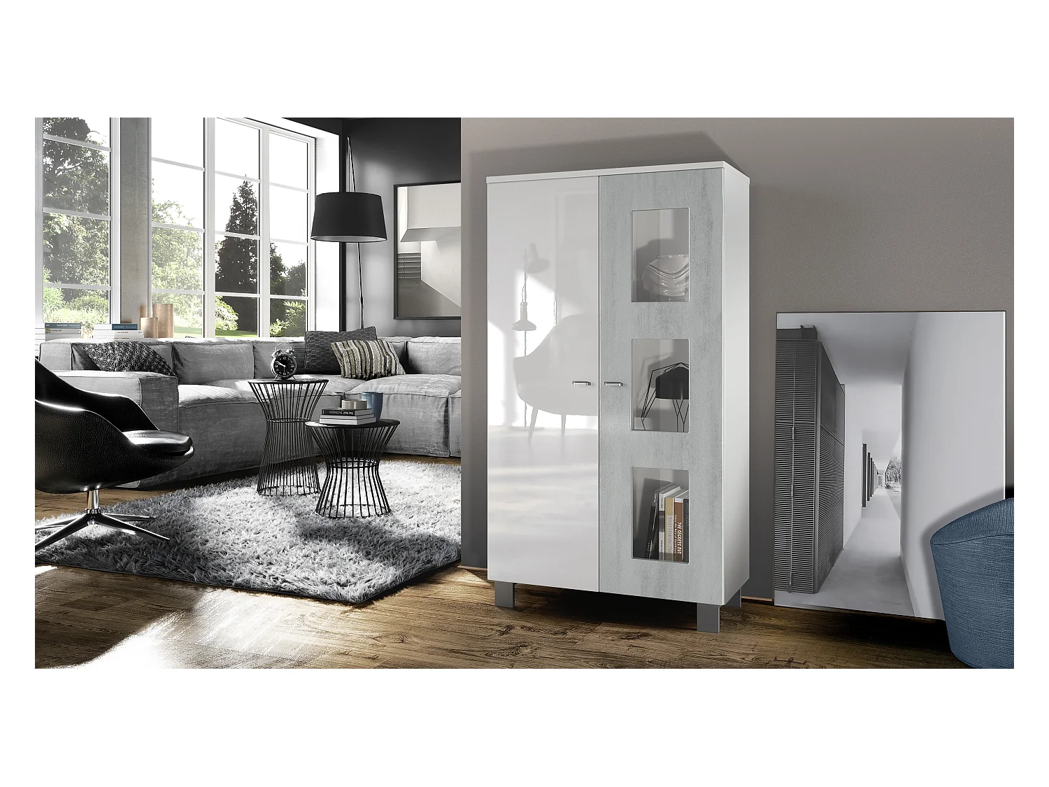 Vitrine de salon Denjo, Vitrine sur pied avec 2 portes et 3 vitres, Blanc mat/Blanc haute brillance/Aspect Béton Oxyde (71 x 129 x 35 cm)