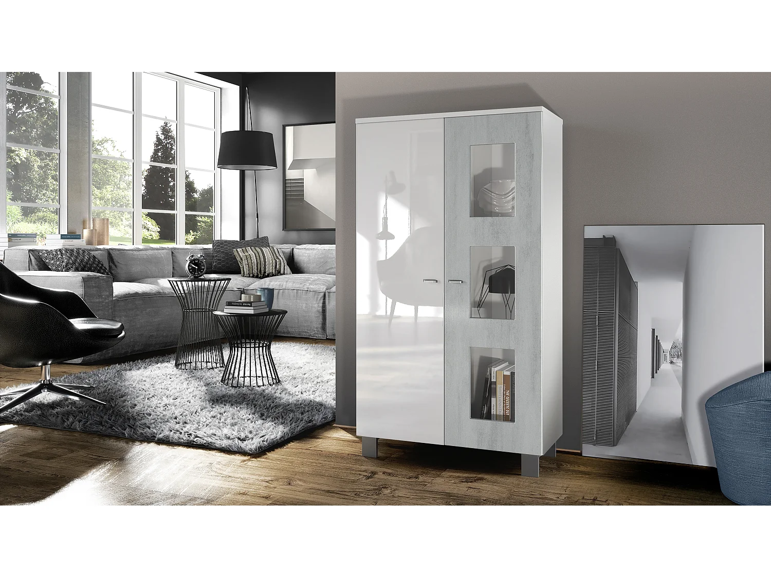 Vetrina  Denjo, vetrina indipendente con 2 ante e 3 pannelli in vetro, bianco opaco/bianco lucido/ossido di grigio cemento