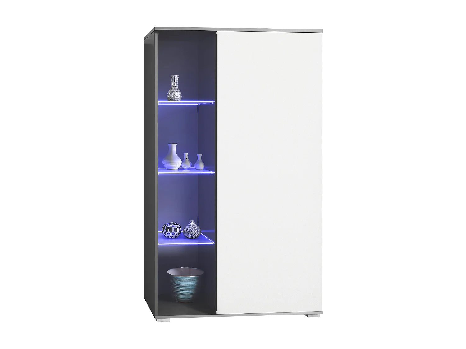 Vitrine Davos, vitrine sur pied avec 3 étagères en verre et 8 compartiments y compris LED, anthracite mat/blanc mat  (71,5 x 134 x 35 cm)