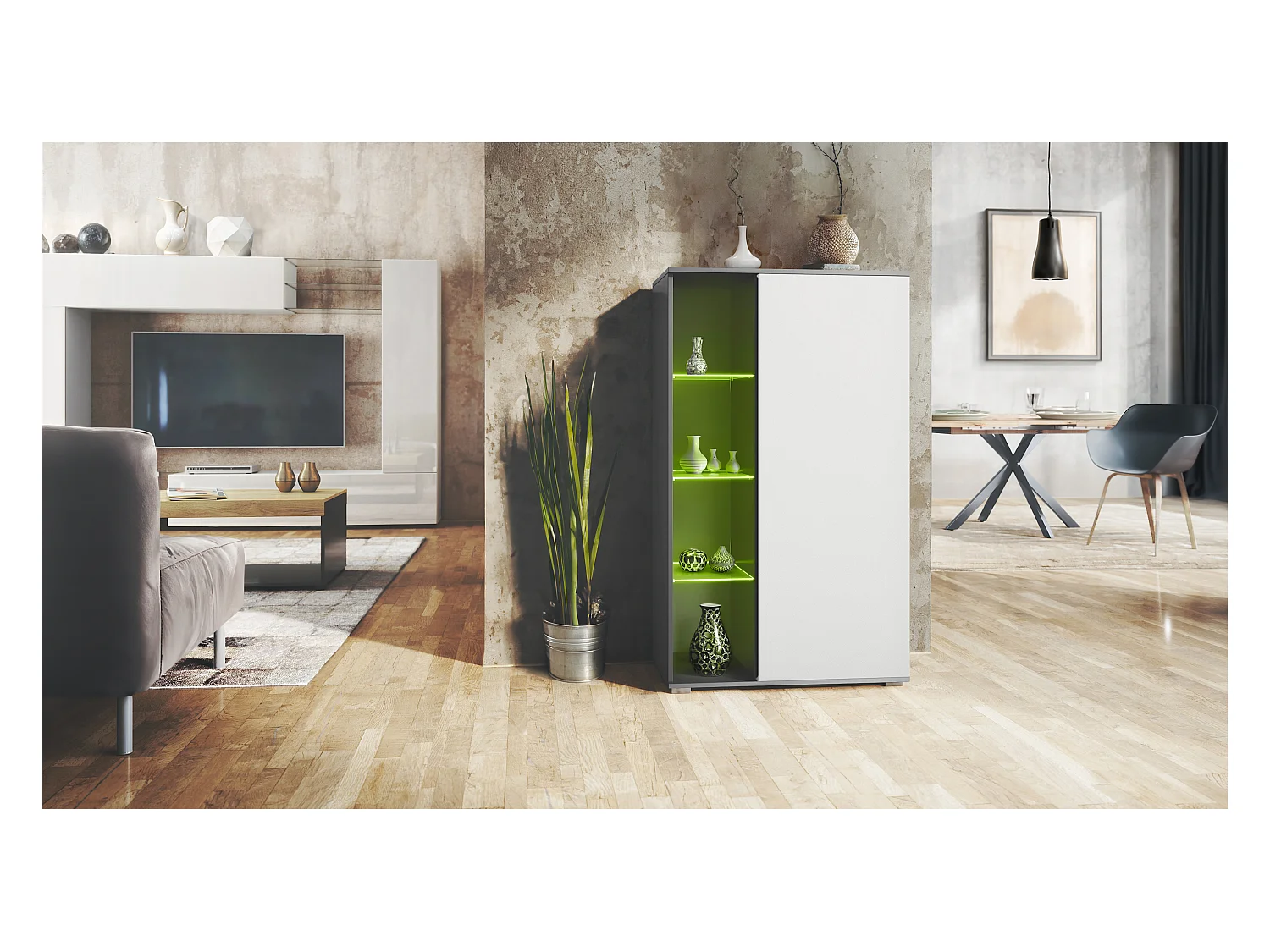 Vitrine Davos, vitrine sur pied avec 3 étagères en verre et 8 compartiments y compris LED, anthracite mat/blanc mat  (71,5 x 134 x 35 cm)