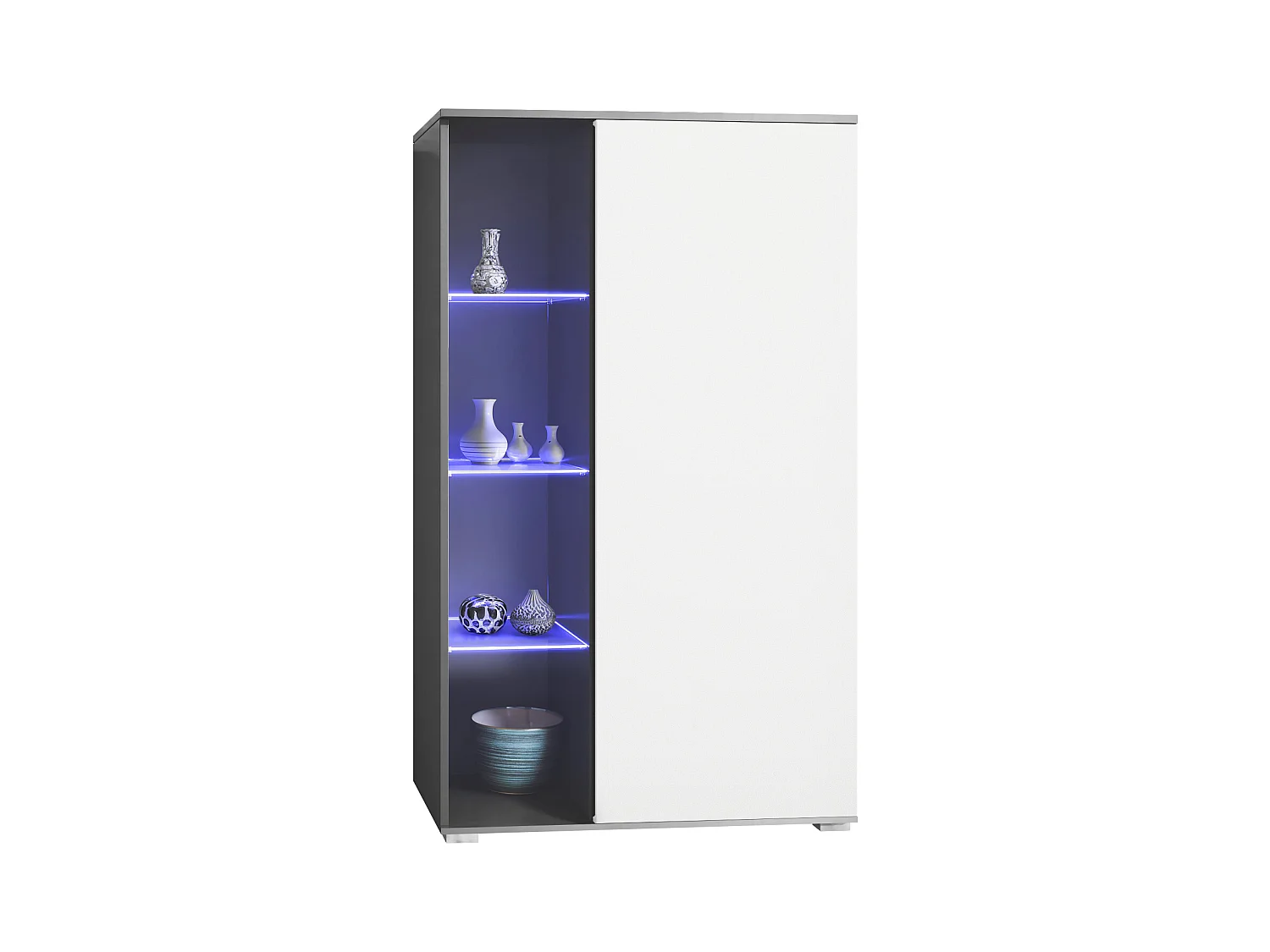Vitrina Davos, vitrina independiente con 3 estantes de cristal y 8 compartimentos incl. LED, antracita mate/blanco mate  (71,5 x 134 x 35 cm)