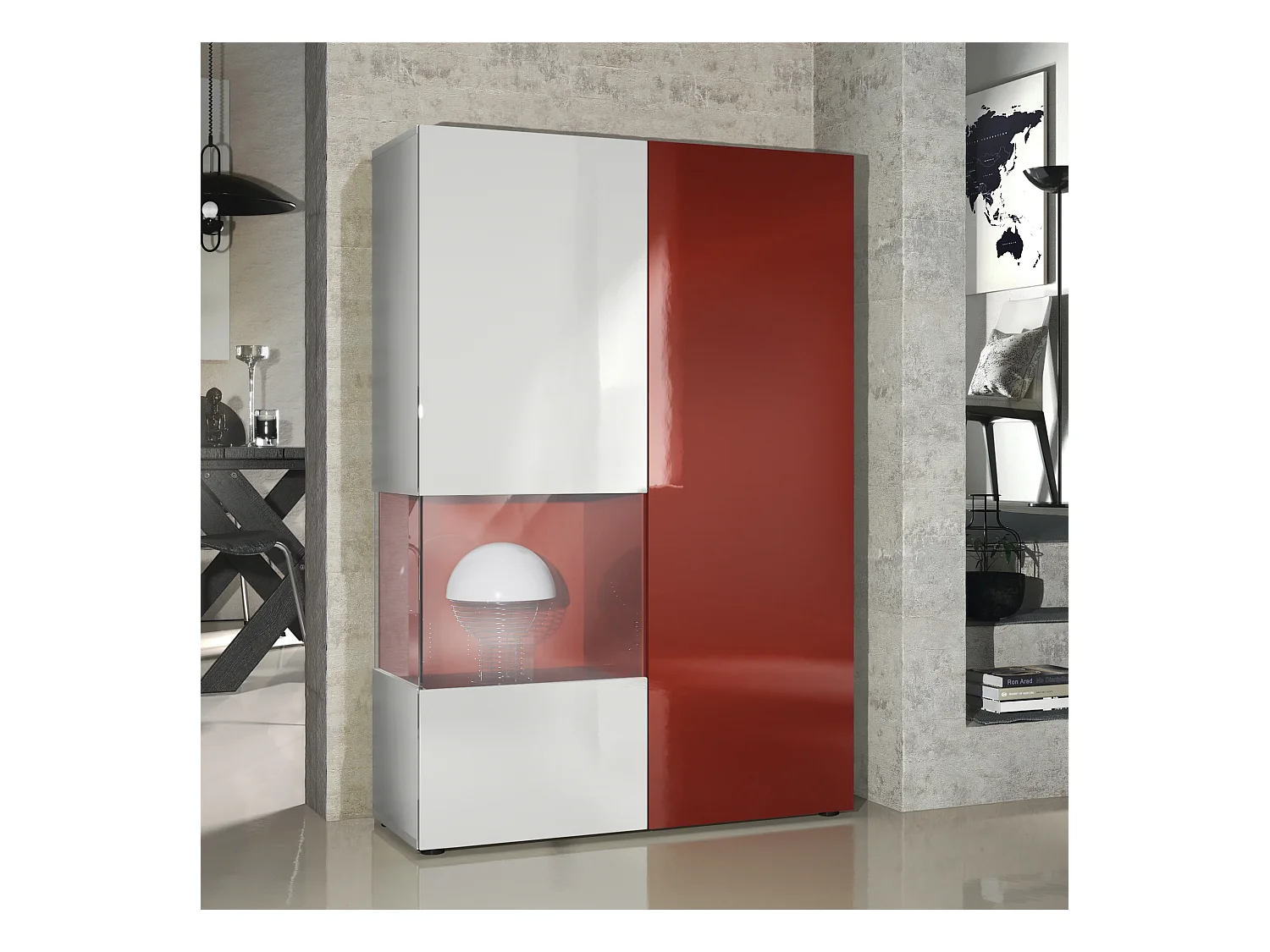 Vitrine Armoire Morena, Corps en Blanc mat / Porte droite et insert en Bordeaux haute brillance