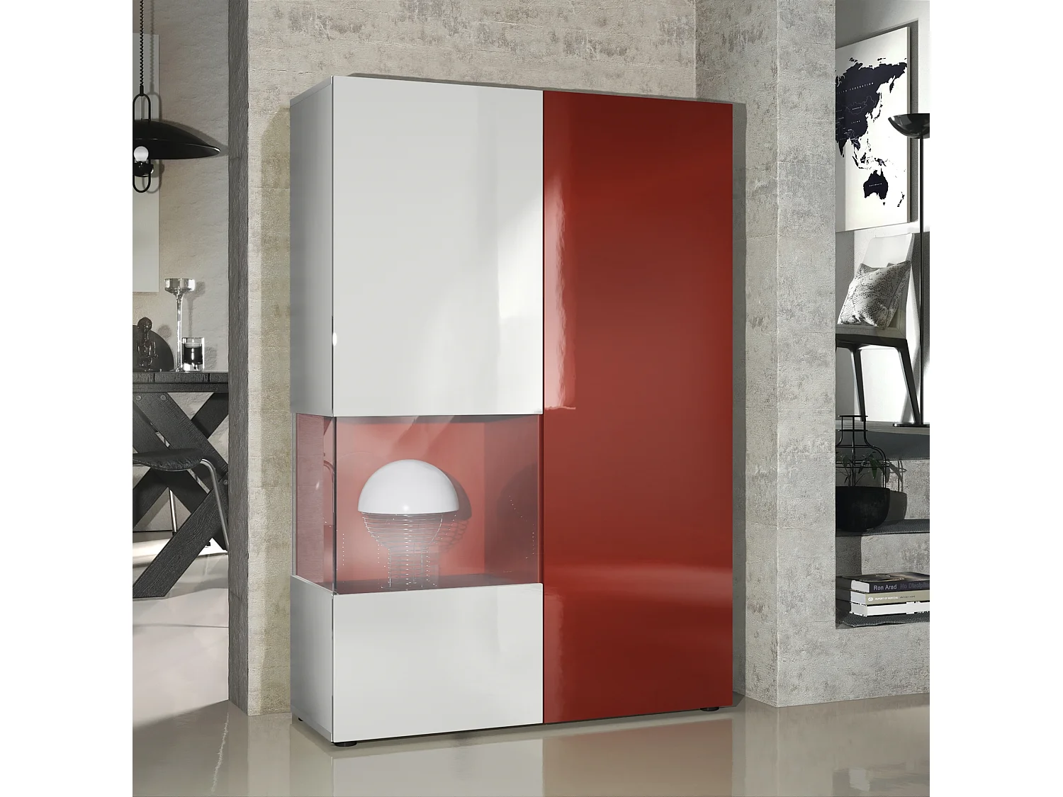 Vitrine Armoire Morena, Corps en Blanc mat / Porte droite et insert en Bordeaux haute brillance