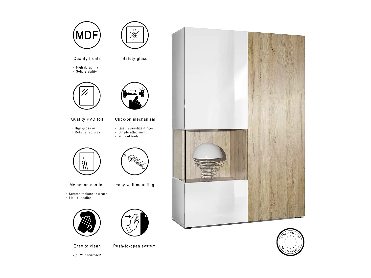 Vitrine Armoire Morena, Corps en Blanc mat / Porte droite et insert en Bordeaux haute brillance