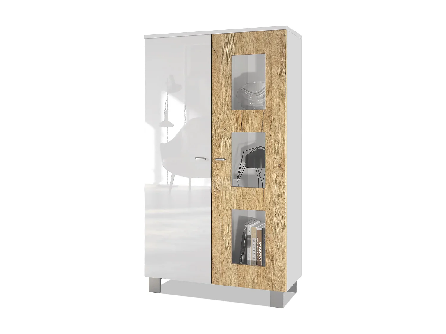 Vitrine de salon Denjo, Vitrine sur pied avec 2 portes et 3 vitres, Blanc mat/Blanc haute brillance/Chêne Nature (71 x 129 x 35 cm)