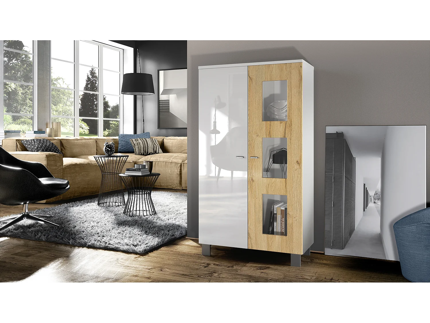 Vetrina  Denjo, vetrina indipendente con 2 ante e 3 pannelli in vetro, bianco opaco/bianco lucido/quercia naturale