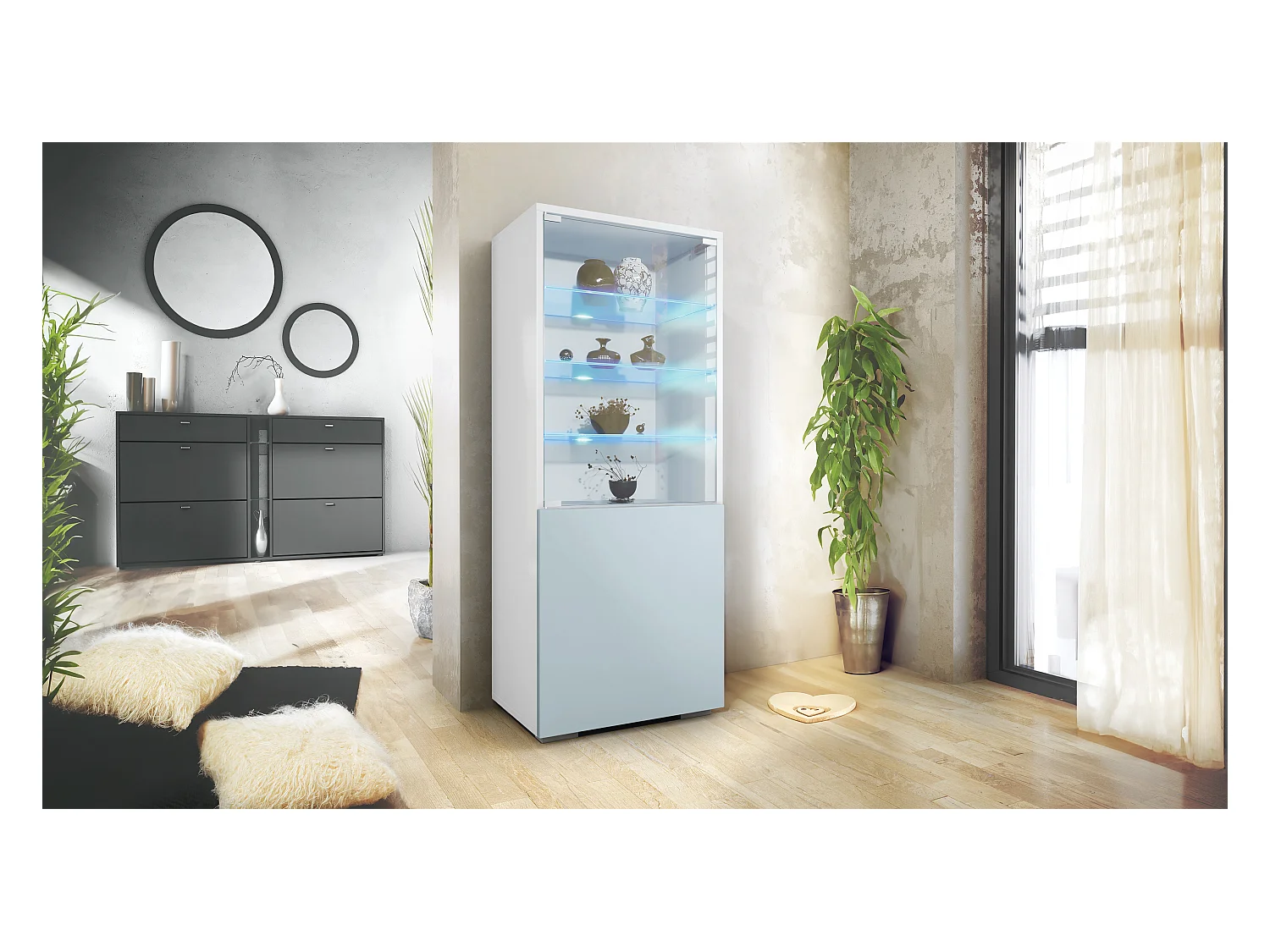 Vitrine Granada de , Armoire Vitrée Made in Germany avec Porte en Verre et Insert en Verre y compris LED, blanc mat/denim mat (50 x 122,5 x 34,5 cm)
