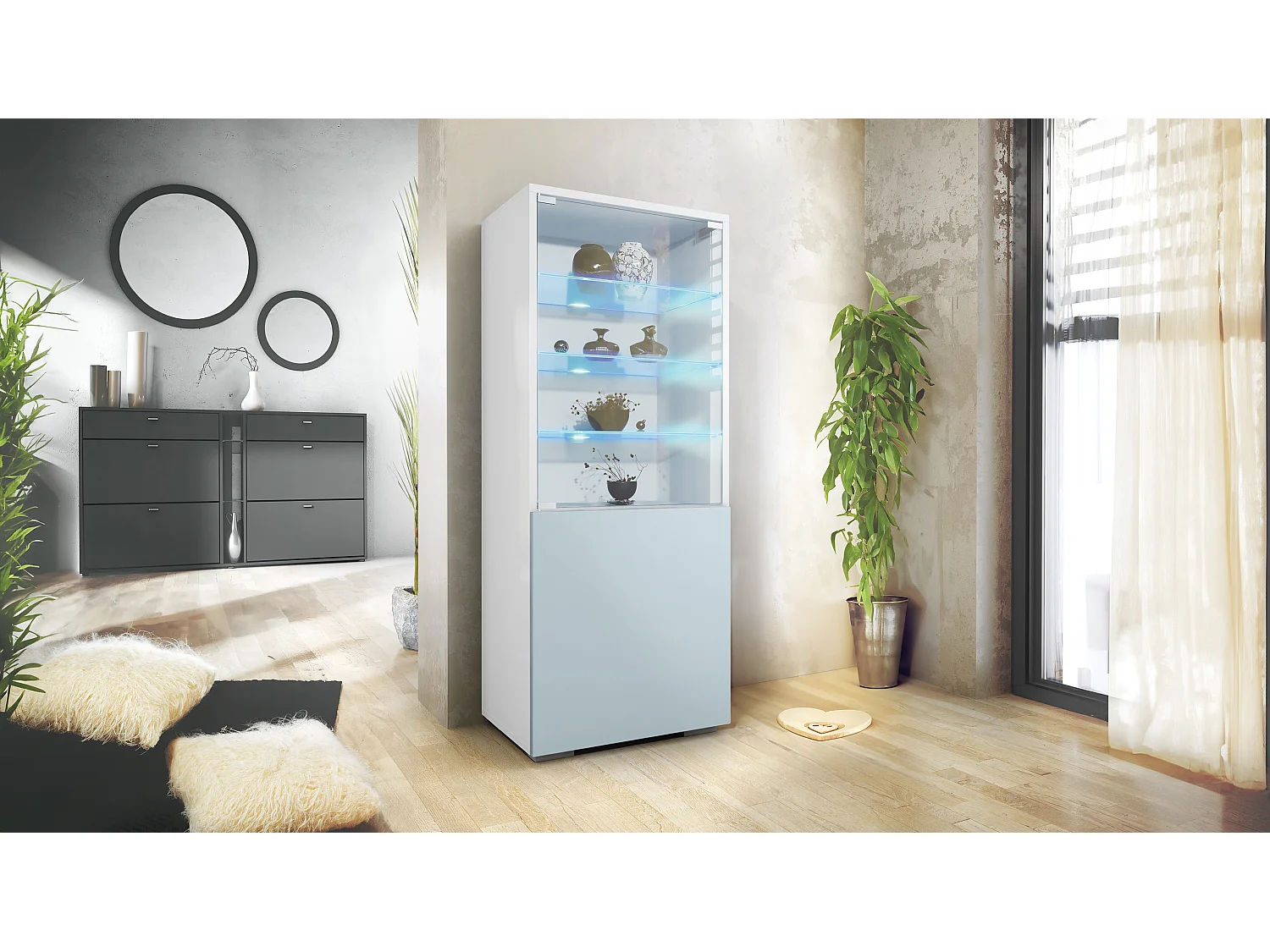 Vetrina Granada di Vladon, Armadio Vetrina Made in Germany con Porta in Vetro e Inserto in Vetro incl. LED, bianco opaco/denim opaco (50 x 122,5 x 34,5 cm)