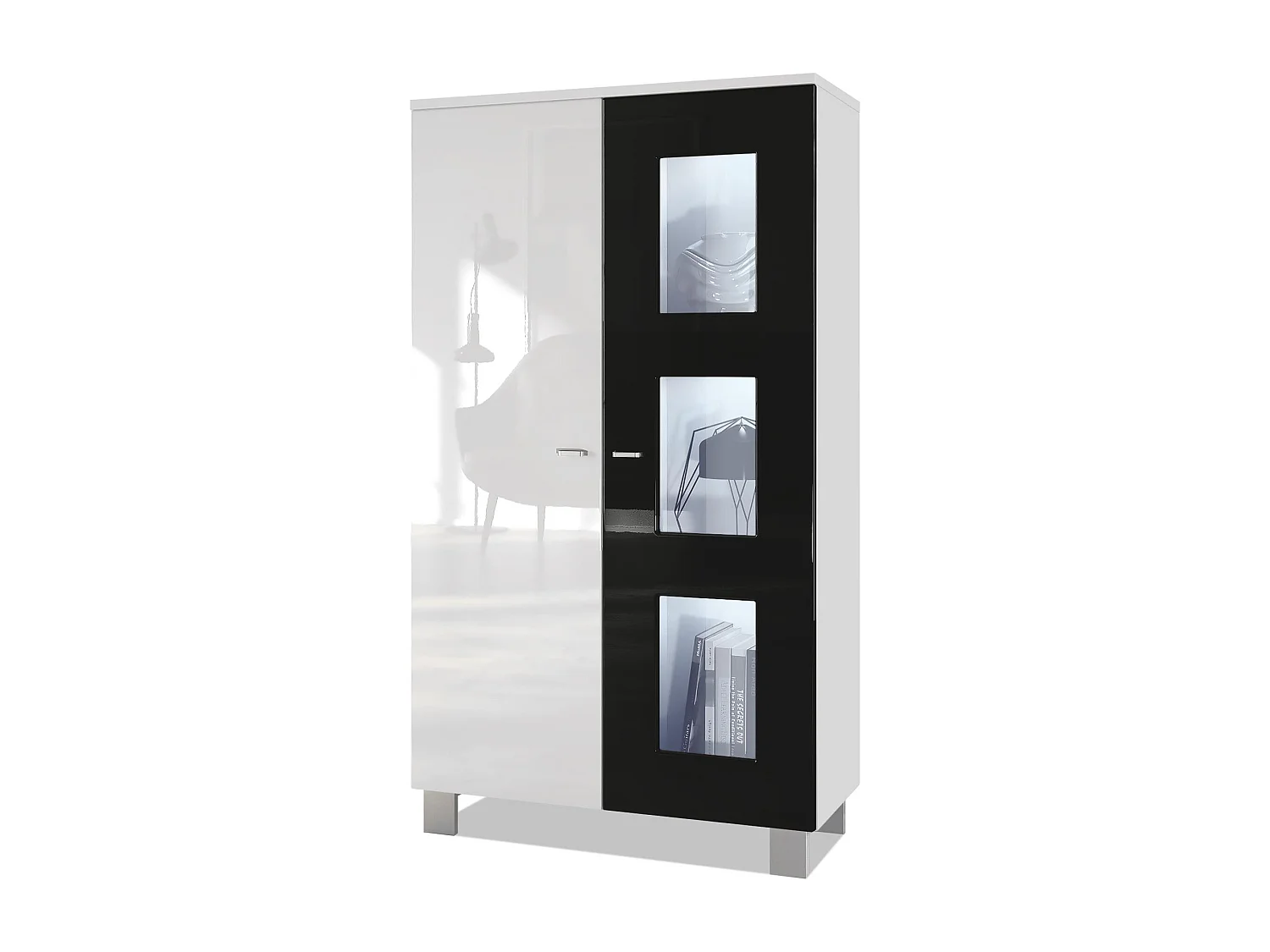 Vitrine de salon Denjo, Vitrine sur pied avec 2 portes et 3 vitres, Blanc mat/Blanc brillant/Noir haute brillance, éclairage LED inclus (71 x 129 x 35 cm)