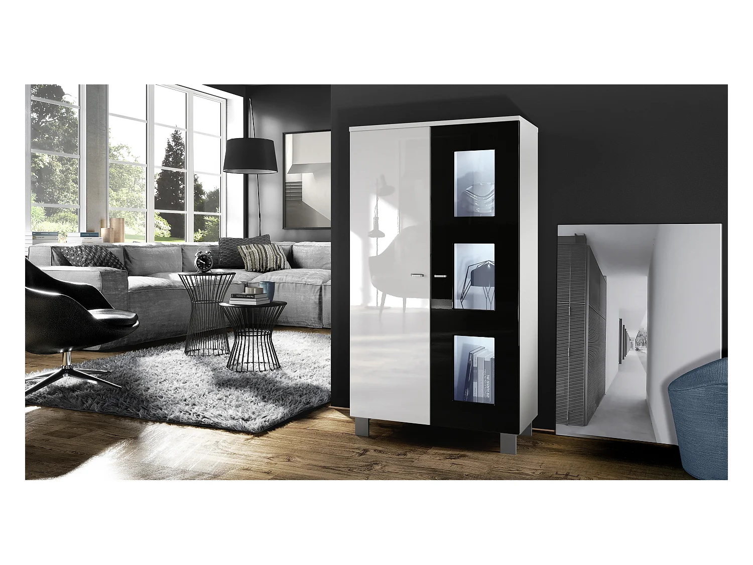 Vitrine de salon Denjo, Vitrine sur pied avec 2 portes et 3 vitres, Blanc mat/Blanc brillant/Noir haute brillance, éclairage LED inclus (71 x 129 x 35 cm)