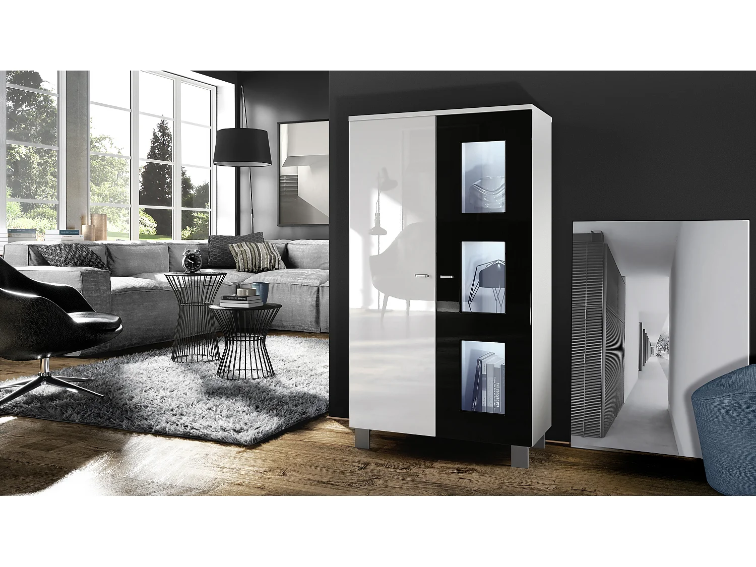 Vetrina  Denjo, vetrina indipendente con 2 ante e 3 pannelli in vetro, bianco opaco/bianco lucido/nero lucido, illuminazione a LED inclusa.