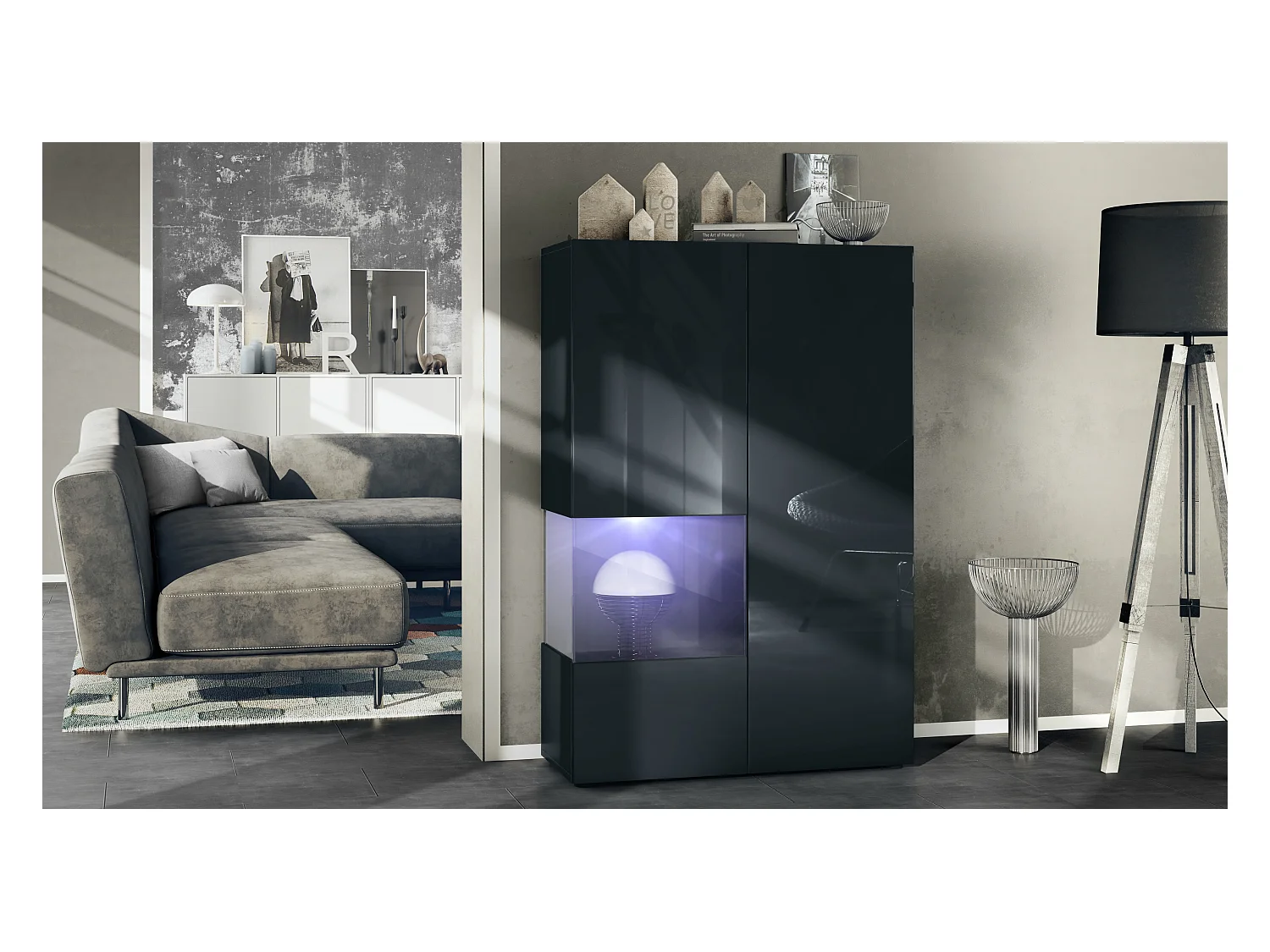 Vitrine Morena V2, vitrine sur pied avec 2 portes et insert en verre, corps noir mat, façades noir haute brillance, Cube noir mat avec éclairage LED blanc