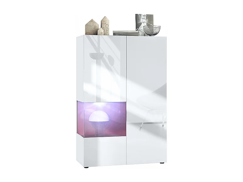 Vitrine Morena V2, vitrine sur pied avec 2 portes et insert en verre, corps blanc mat, façades Blanc brillant, Cube bordeaux brillant avec LED blanc