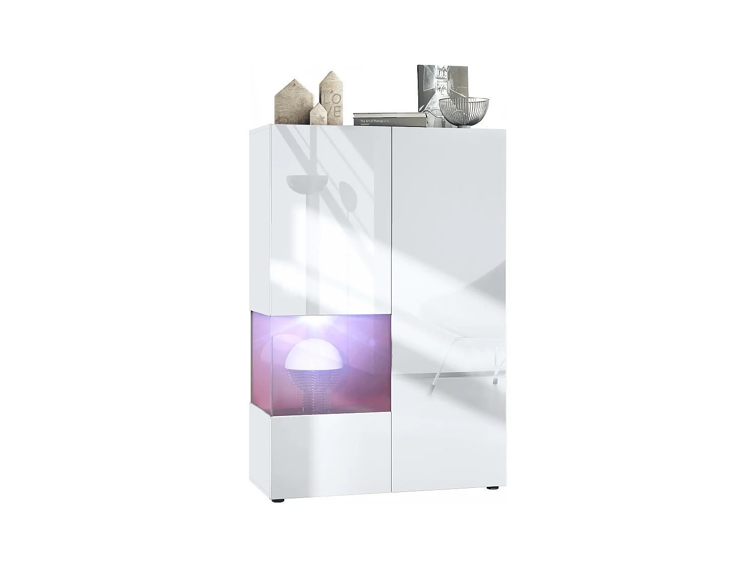 Vitrine Morena V2, vitrine sur pied avec 2 portes et insert en verre, corps blanc mat, façades Blanc brillant, Cube bordeaux brillant avec LED blanc