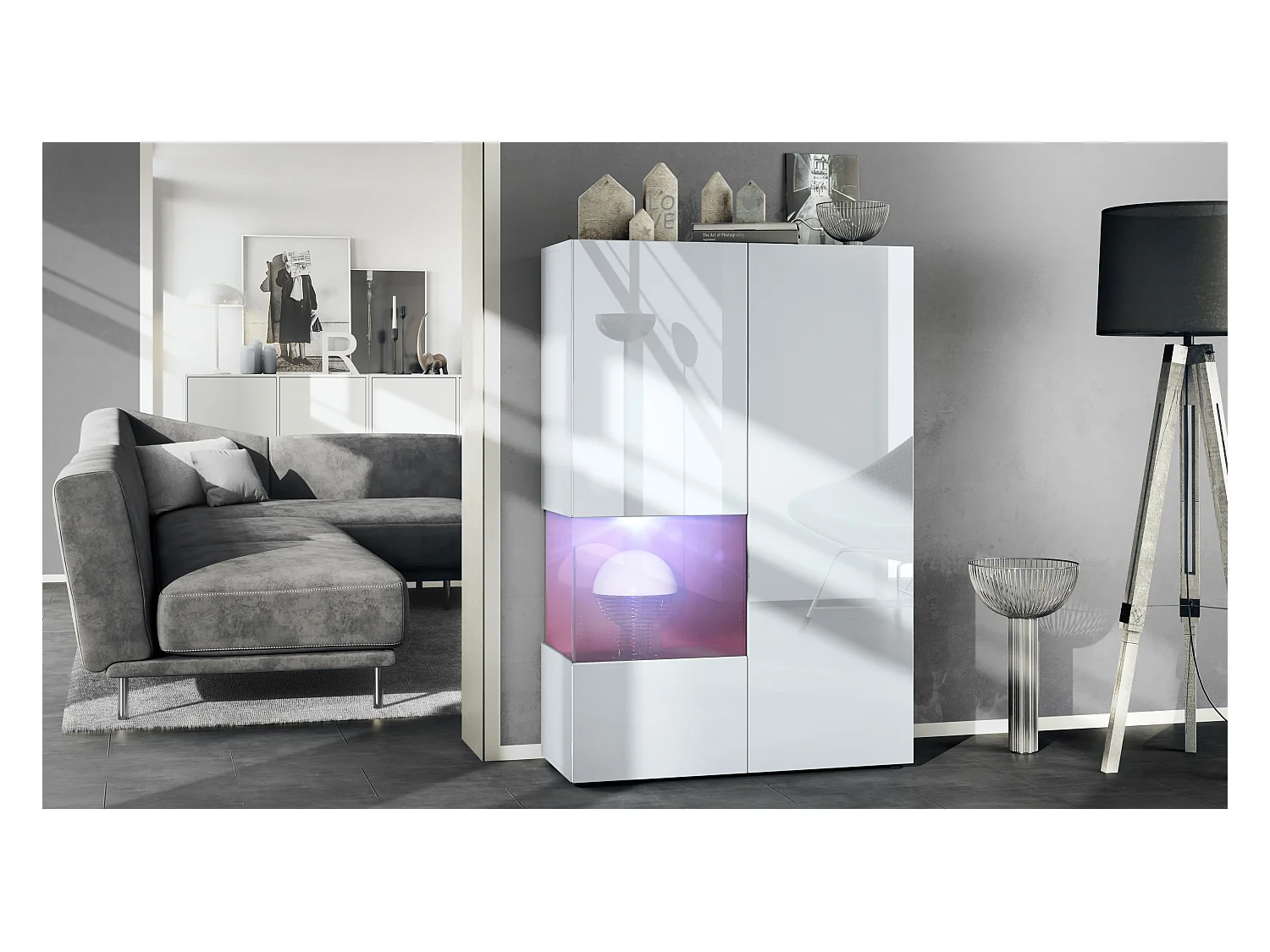 Vitrine Morena V2, vitrine sur pied avec 2 portes et insert en verre, corps blanc mat, façades Blanc brillant, Cube bordeaux brillant avec LED blanc