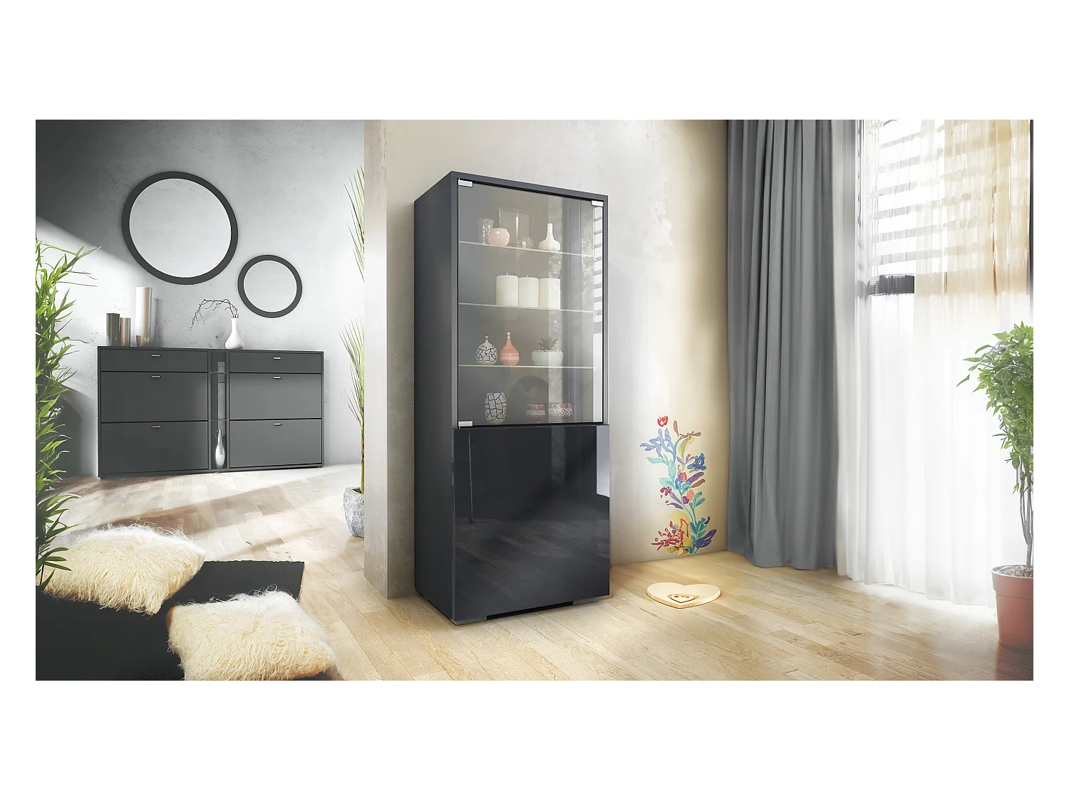 Vitrine Granada de , Armoire Vitrée Made in Germany avec Porte en Verre et Insert en Verre, anthracite mat/noir haute brillance (50 x 122,5 x 34,5 cm)