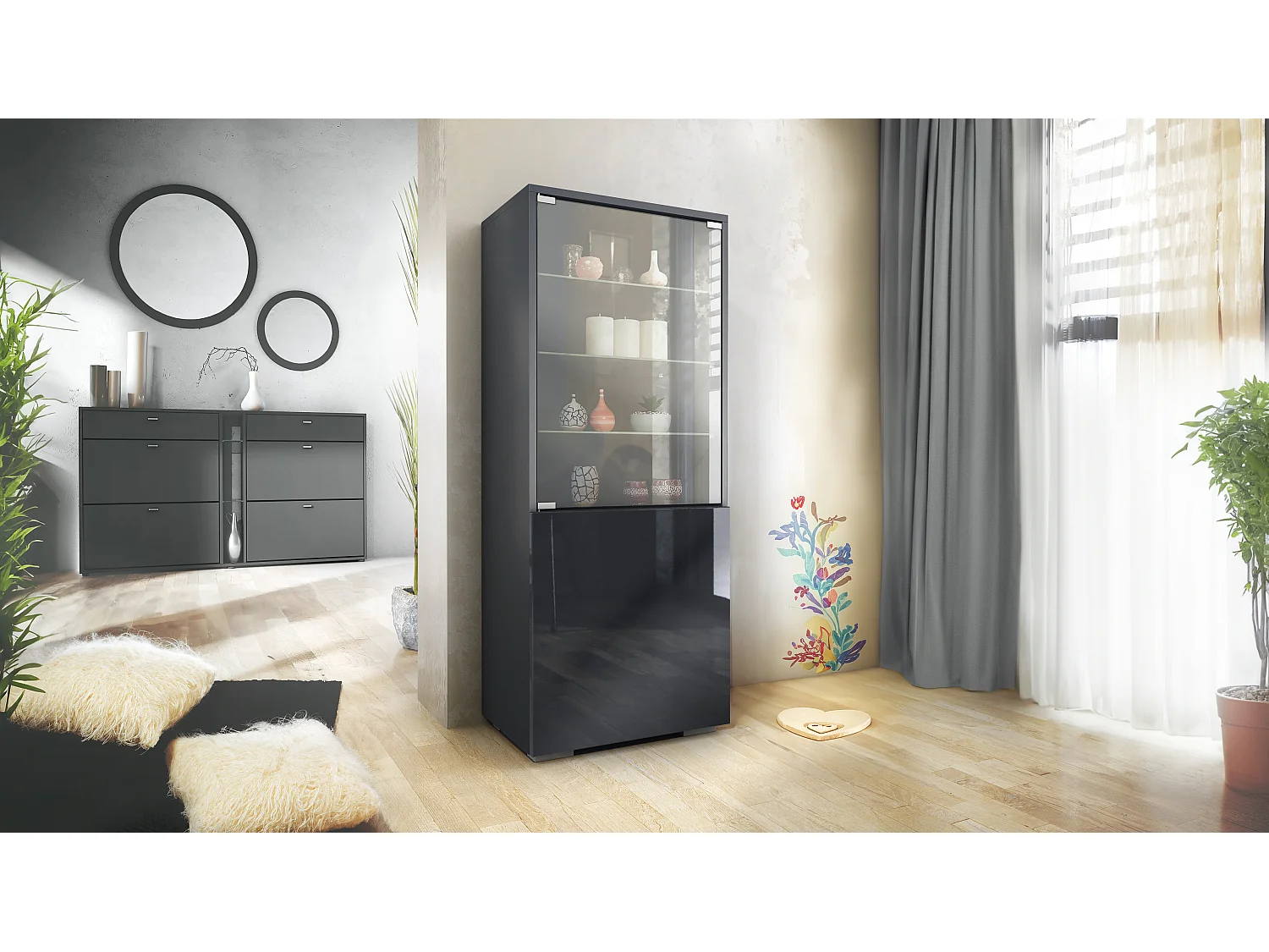 Vetrina Granada di Vladon, Armadio Vetrina Made in Germany con Porta in Vetro e Inserto in Vetro, antracite opaco /nero lucido (50 x 122,5 x 34,5 cm)