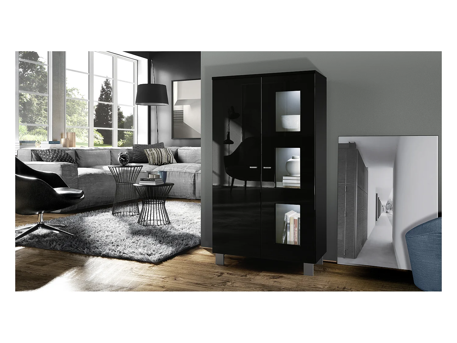 Vitrine de salon Denjo, Vitrine sur pied avec 2 portes et 3 vitres, Noir mat/Noir haute brillance, éclairage LED inclus (71 x 129 x 35 cm)