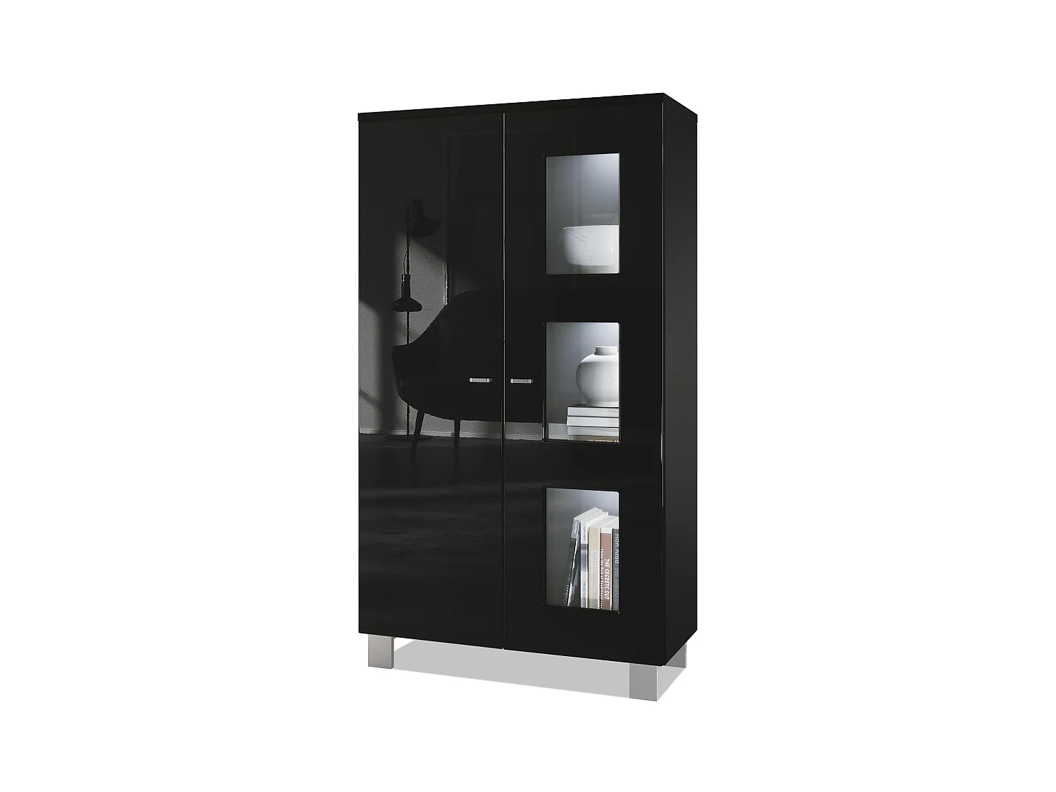 Vladon Vitrina Denjo, Cristalera con 2 Puertas y 3 Estantes de cristal, Negro mate/Negro de alto brillo, incluida iluminación LED (71 x 129 x 35 cm)