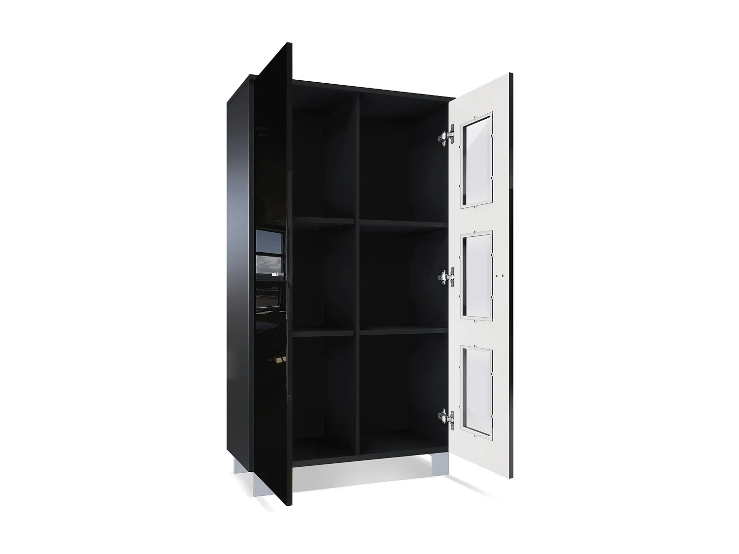 Vetrina  Denjo, vetrina autoportante con 2 ante e 3 pannelli in vetro, nero opaco/nero lucido, illuminazione LED inclusa