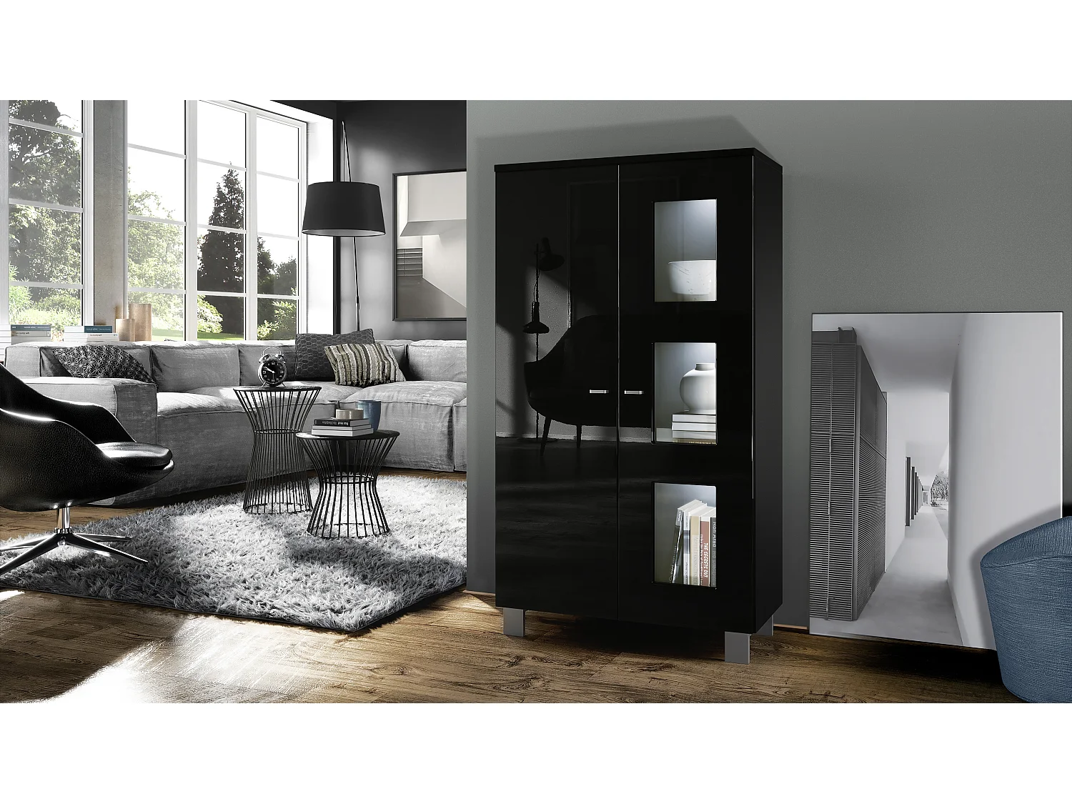 VITRINE Denjo Tür in Schwarz Hochglanz