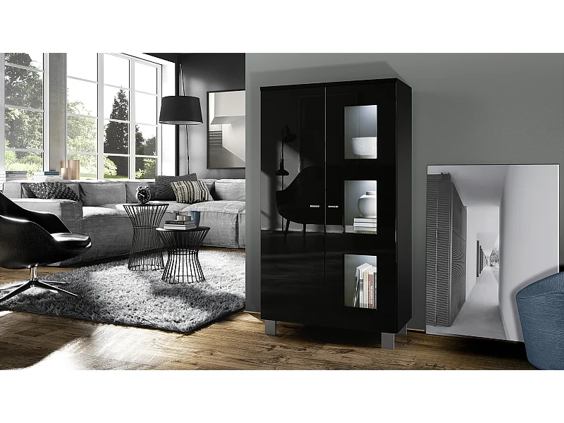 Vitrine de salon Denjo, Vitrine sur pied avec 2 portes et 3 vitres, Noir mat/Noir haute brillance, éclairage LED inclus (71 x 129 x 35 cm)