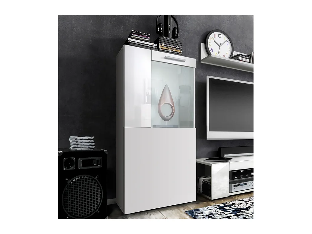 Vitrine de cinéma, blanc mat/blanc haute brillance - Vitrine moderne en verre - (LxHxP) : 50,5 x 111 x 32,5 cm