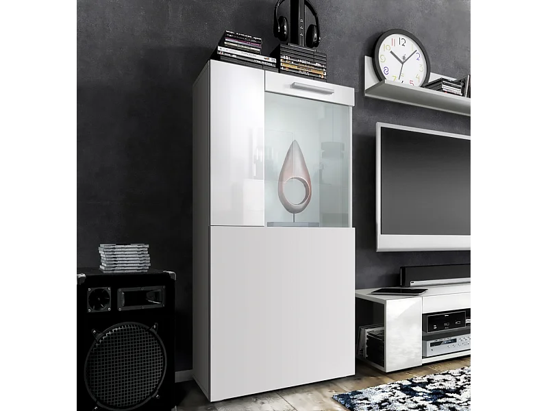 Vitrine de cinéma, blanc mat/blanc haute brillance - Vitrine moderne en verre - (LxHxP) : 50,5 x 111 x 32,5 cm