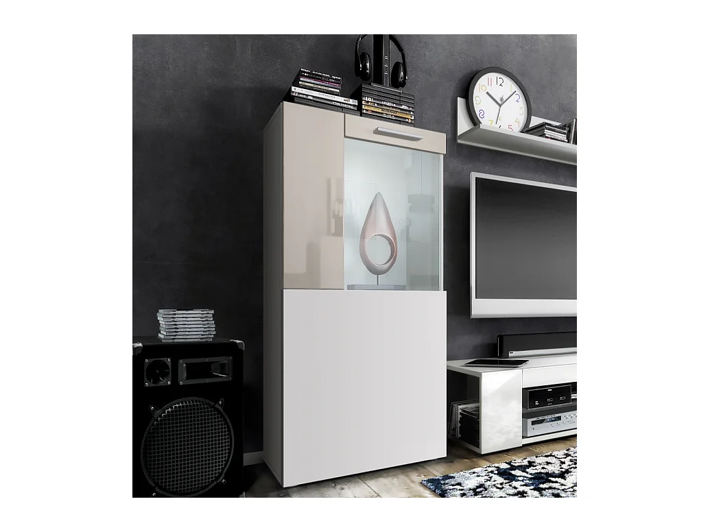 Vitrine de cinéma, blanc mat/gris sable haute brillance - Vitrine moderne en verre - (LxHxP) : 50,5 x 111 x 32,5 cm