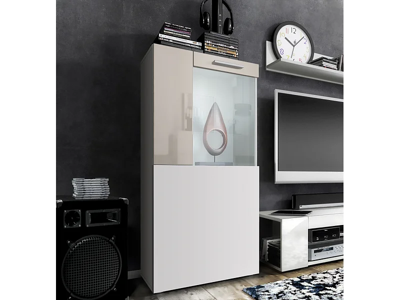 Vitrine de cinéma, blanc mat/gris sable haute brillance - Vitrine moderne en verre - (LxHxP) : 50,5 x 111 x 32,5 cm