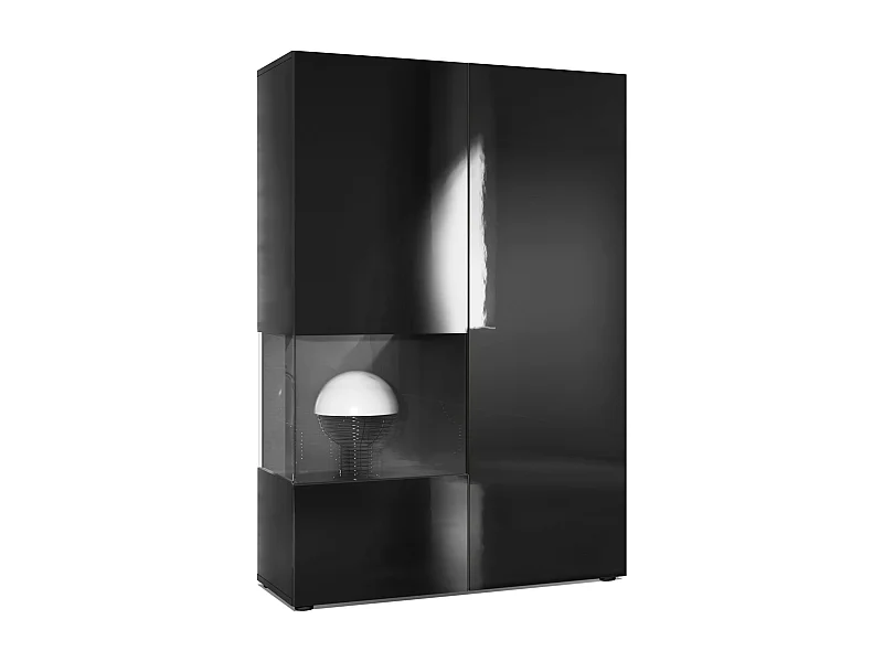 Vitrine Armoire Morena, Corps en Noir mat / Porte droite et insert en Noir haute brillance