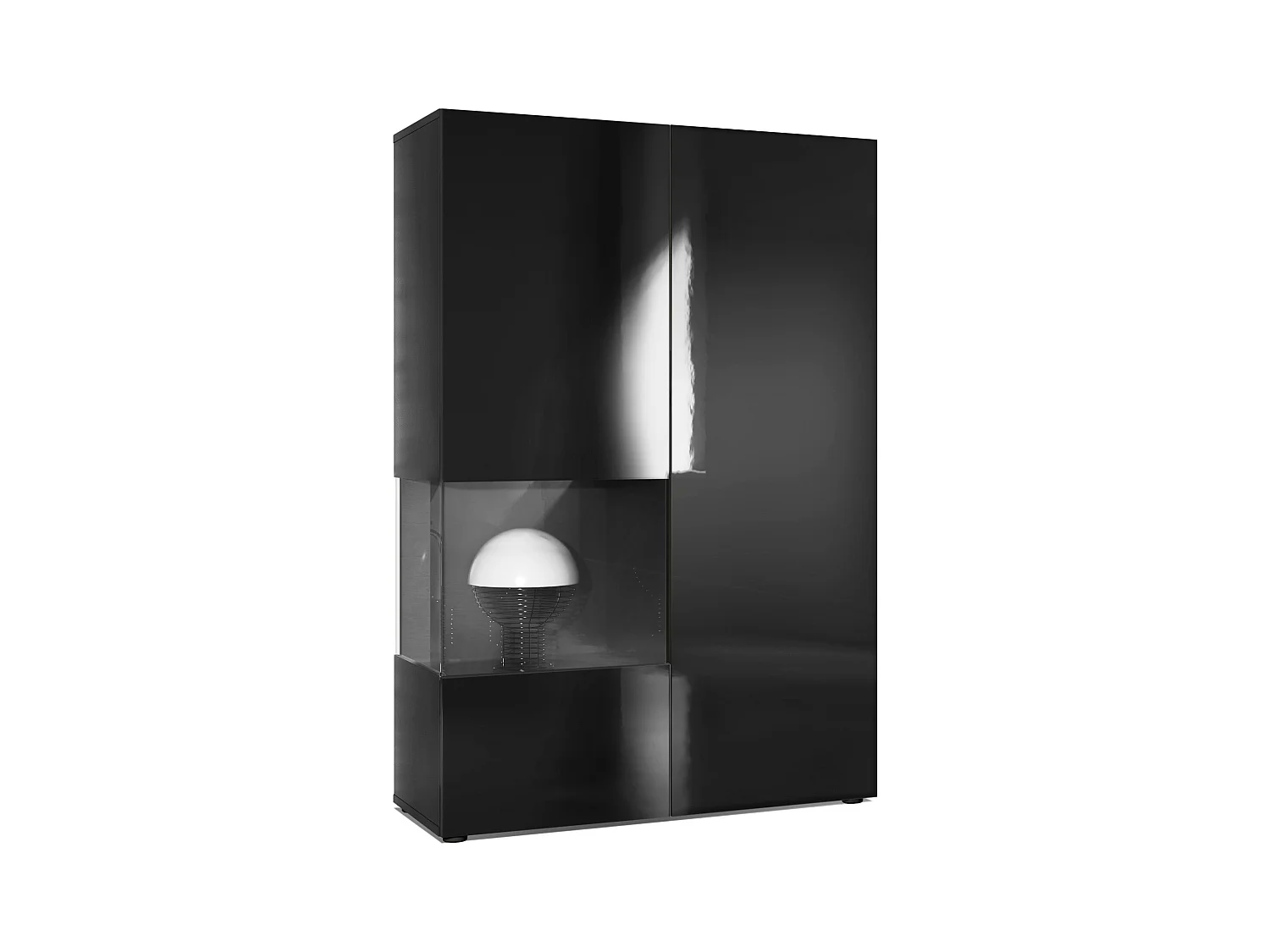 Vitrine Armoire Morena, Corps en Noir mat / Porte droite et insert en Noir haute brillance