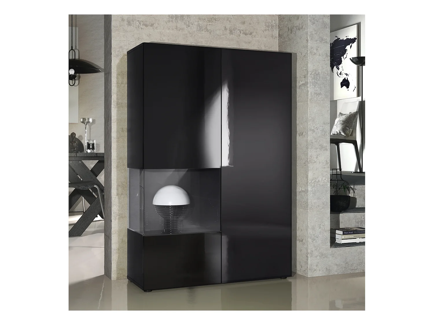 Vitrine Armoire Morena, Corps en Noir mat / Porte droite et insert en Noir haute brillance