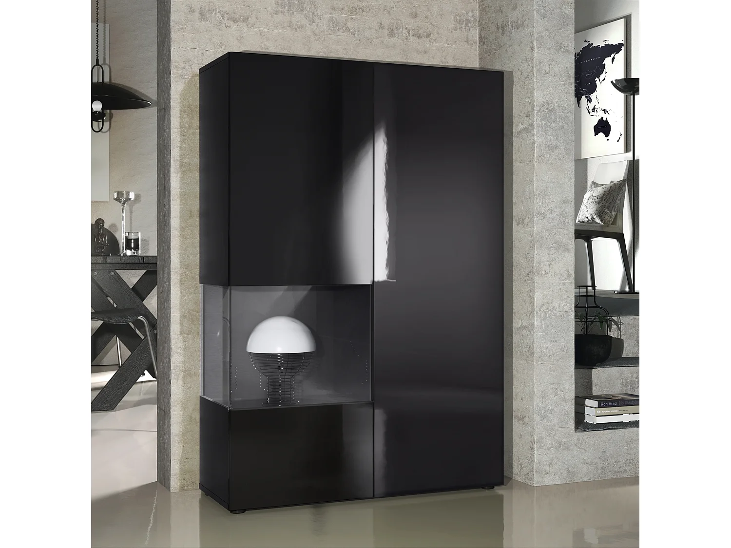 Armadio espositivo alto Morena, struttura in nero opaco / anta destra e inserto in nero lucido