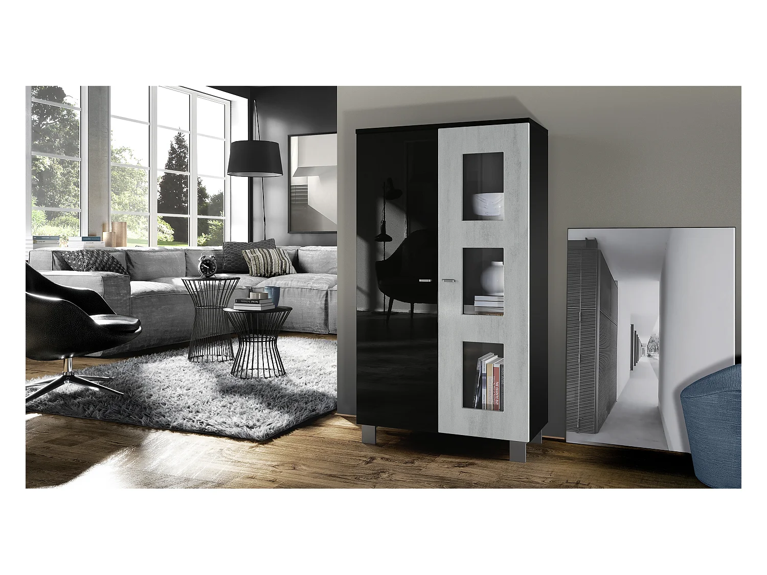 Vitrine de salon Denjo, Vitrine sur pied avec 2 portes et 3 vitres, Noir mat/Noir haute brillance/Aspect Béton Oxyde (71 x 129 x 35 cm)