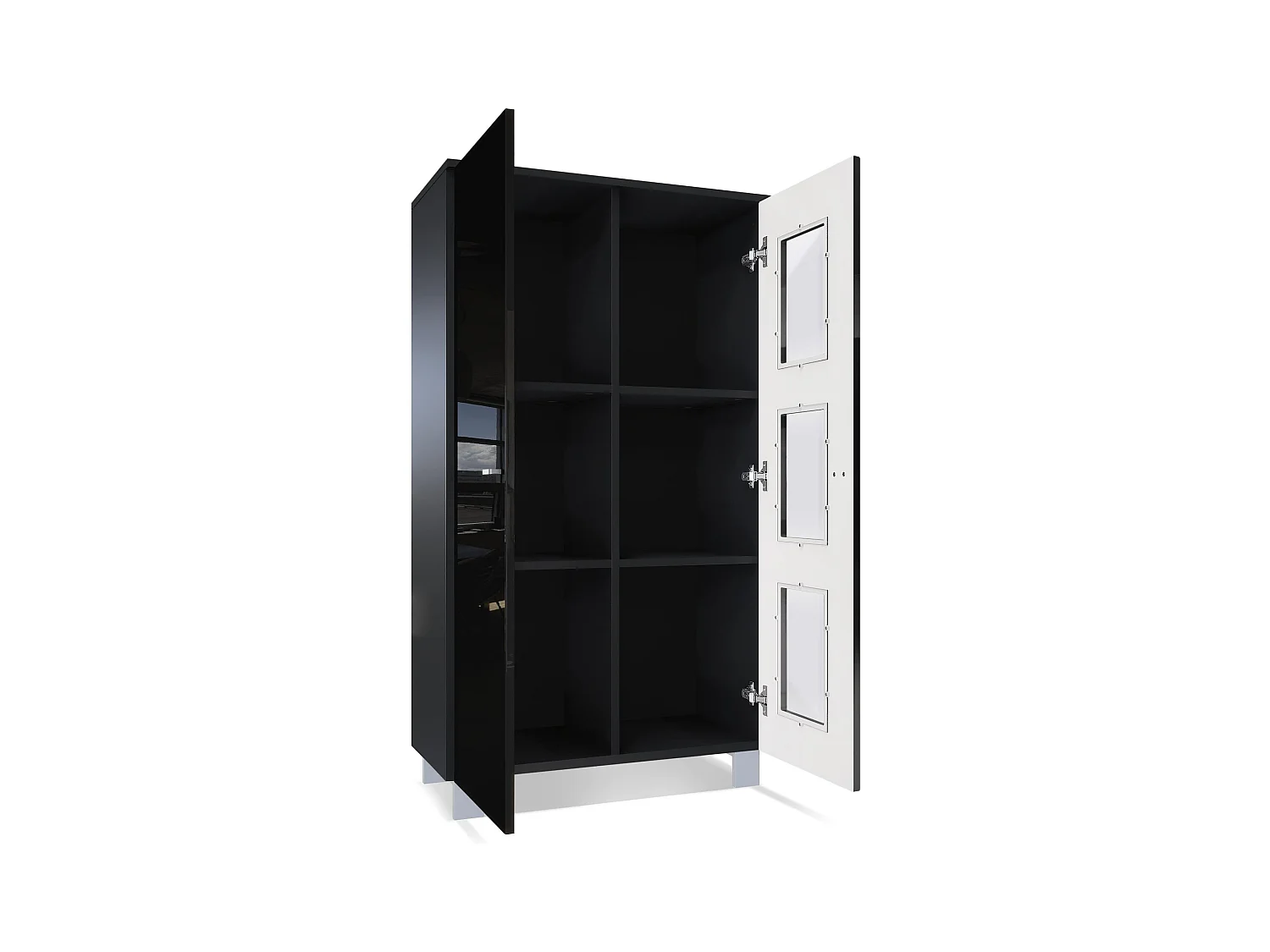 Vitrine de salon Denjo, Vitrine sur pied avec 2 portes et 3 vitres, Noir mat/Noir haute brillance/Aspect Béton Oxyde (71 x 129 x 35 cm)