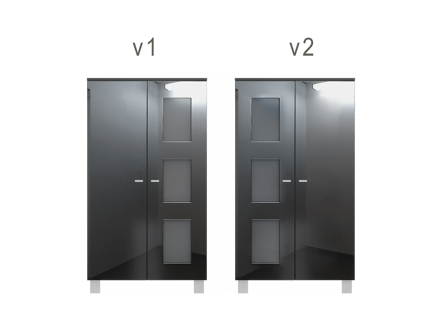 Vitrine de salon Denjo, Vitrine sur pied avec 2 portes et 3 vitres, Noir mat/Noir haute brillance/Aspect Béton Oxyde (71 x 129 x 35 cm)