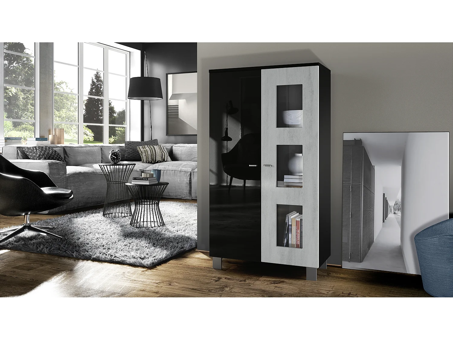 Vetrina  Denjo, vetrina indipendente con 2 ante e 3 pannelli in vetro, nero opaco/nero lucido/ossido di grigio cemento