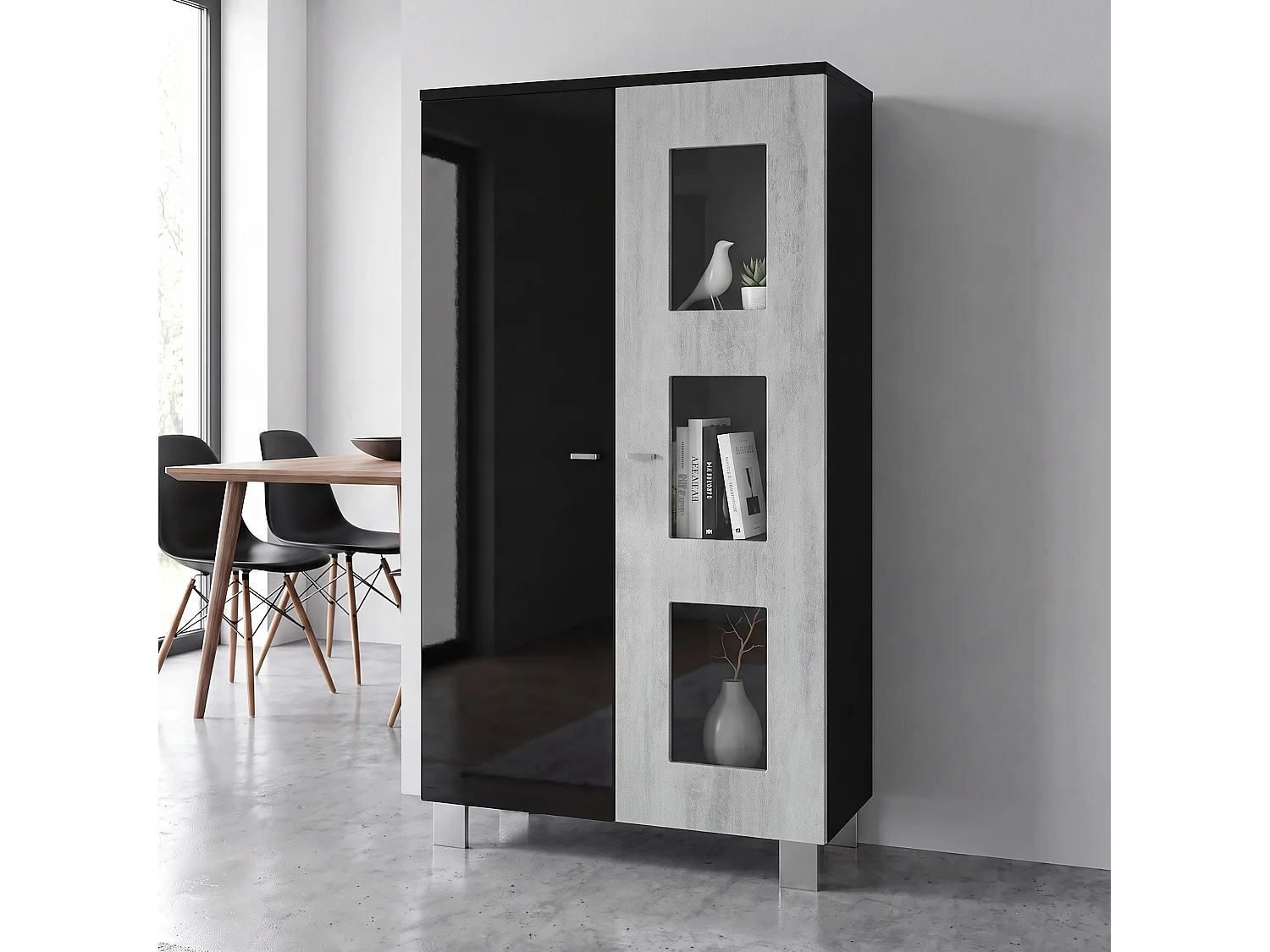 Vitrine de salon Denjo, Vitrine sur pied avec 2 portes et 3 vitres, Noir mat/Noir haute brillance/Aspect Béton Oxyde (71 x 129 x 35 cm)