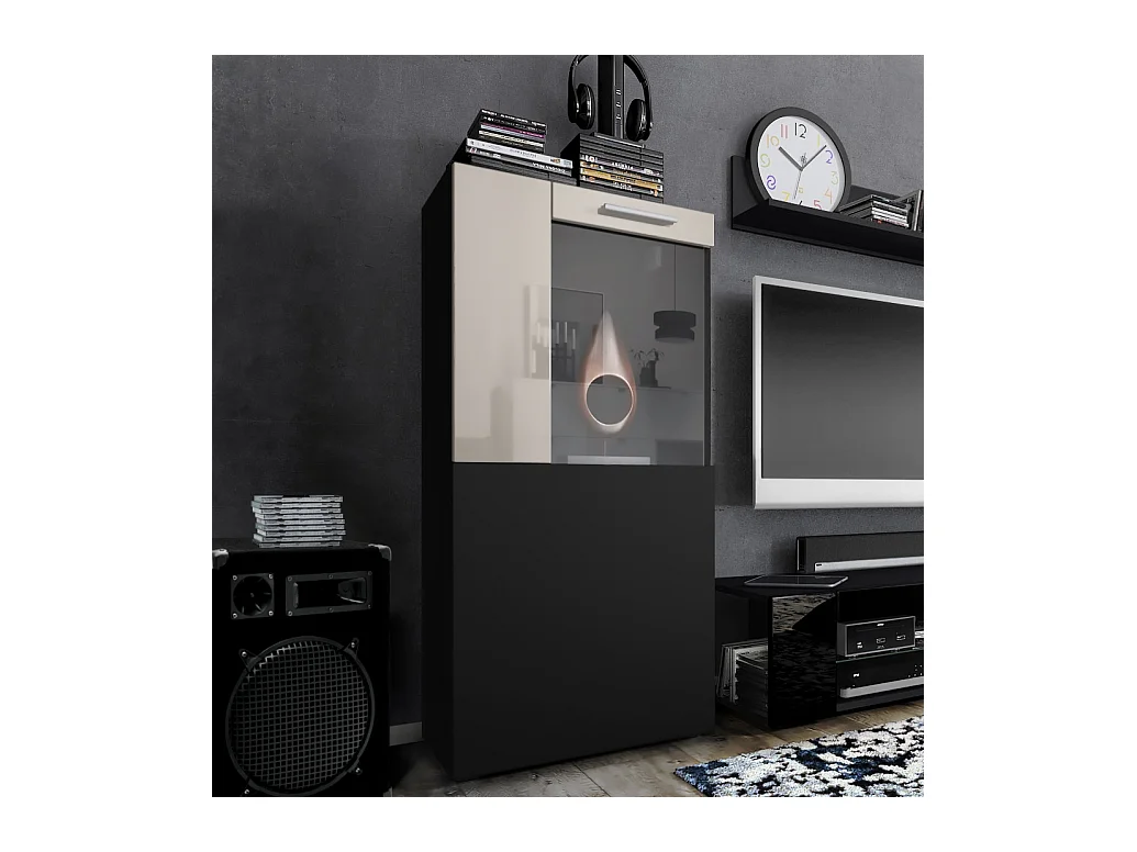 Vitrine de cinéma, noir mat/gris sable haute brillance - Vitrine moderne en verre - (LxHxP) : 50,5 x 111 x 32,5 cm