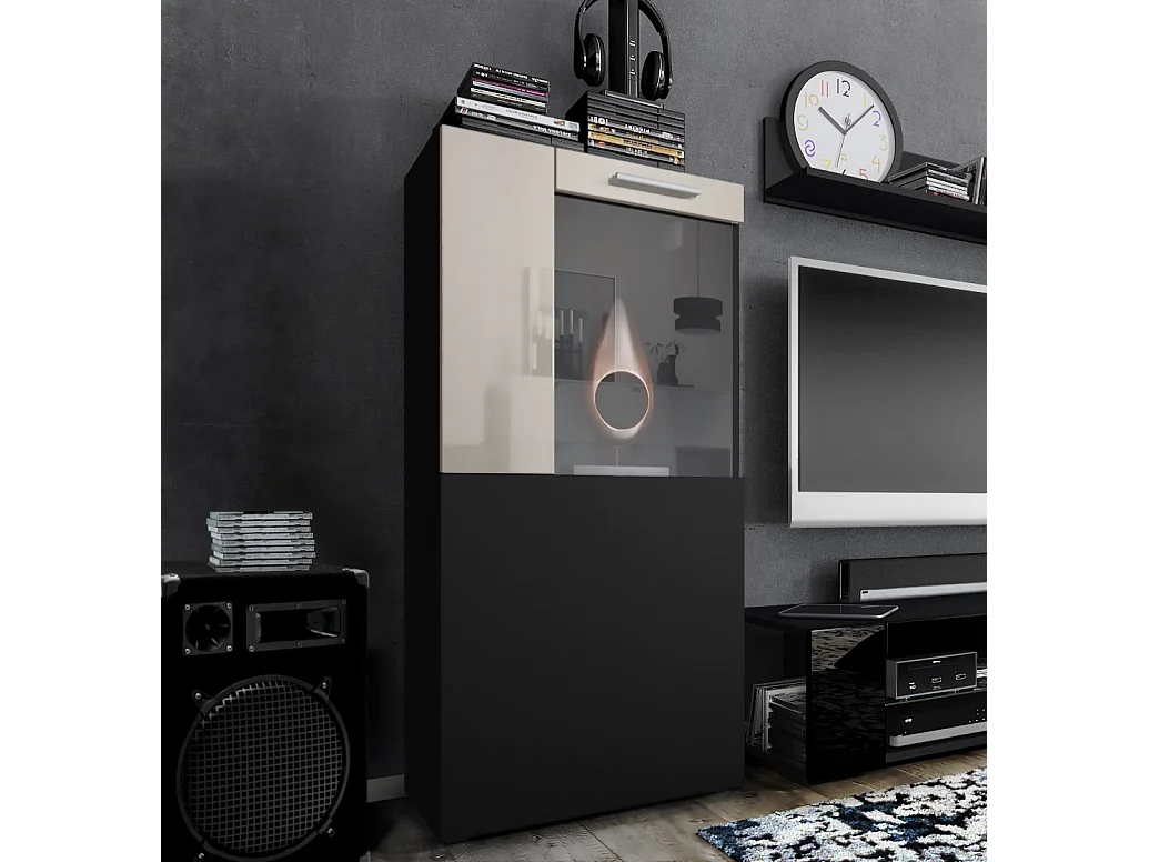 Vladon Vetrina Movie, nero opaco/grigio sabbia lucido - Vetrina moderna in vetro - (LxHxP): 50,5 x 111 x 32,5 cm