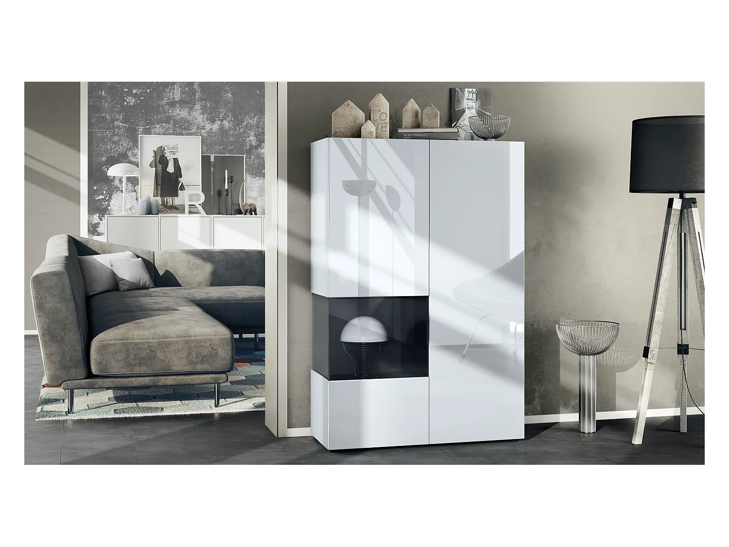 Vitrine Morena V2, vitrine sur pied avec 2 portes et insert en verre, corps blanc mat, façades blanc haute brillance, Cube noir mat