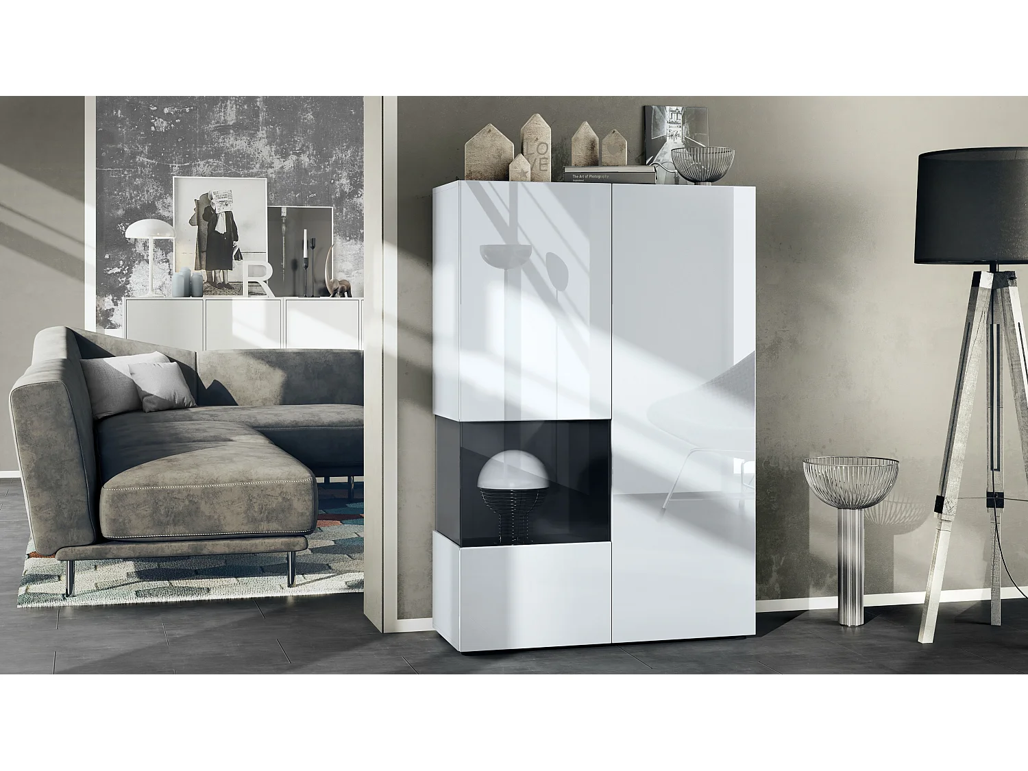 Vetrina Vladon Morena V2, vetrina a pavimento, mobile bianco opaco, frontali bianco lucido, cubo nero opaco  (91,5 x 136,5 x 37 cm)