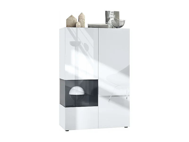 Vetrina Vladon Morena V2, vetrina a pavimento, mobile bianco opaco, frontali bianco lucido, cubo nero opaco  (91,5 x 136,5 x 37 cm)