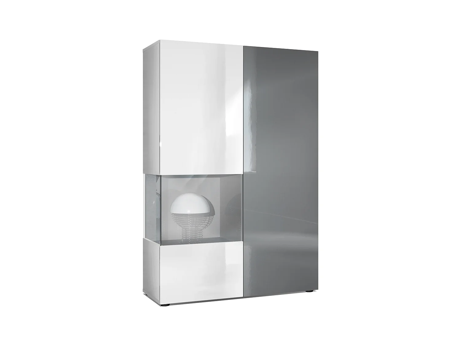 Vitrina Cómoda Morena, cuerpo en blanco mate/ puerta derecha e inserción en gris de alto brillo