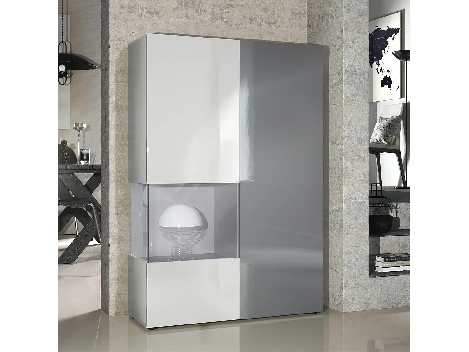 Armadio espositivo alto Morena, struttura in bianco opaco / anta destra e inserto in grigio lucido