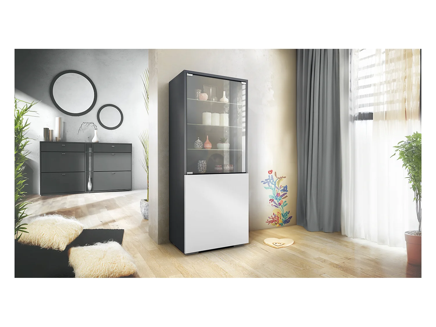 Vitrine Granada de , Armoire Vitrée Made in Germany avec Porte en Verre et Insert en Verre, anthracite mat/blanc mat (50 x 122,5 x 34,5 cm)