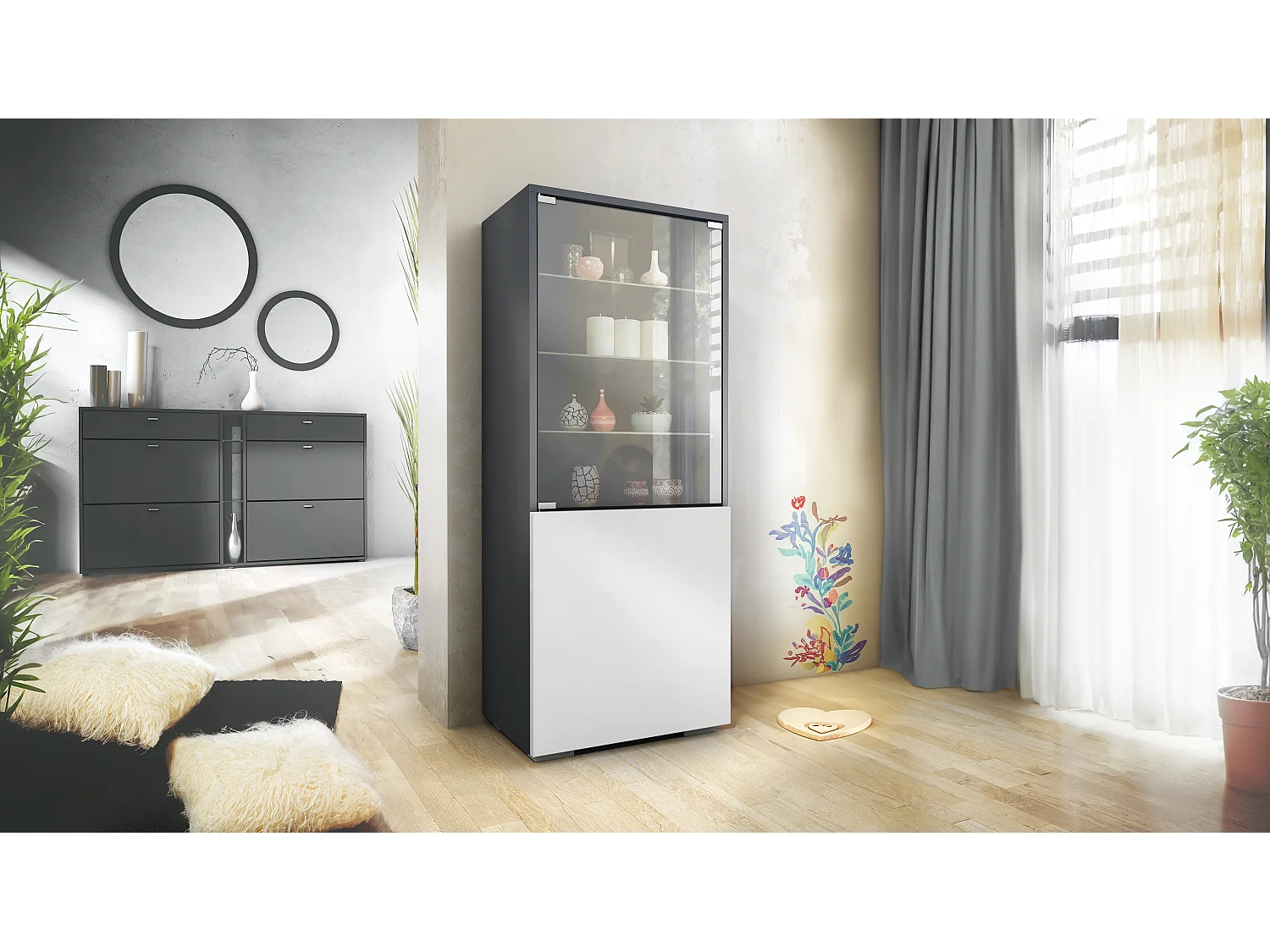 Vetrina Granada di Vladon, Armadio Vetrina Made in Germany con Porta in Vetro e Inserto in Vetro, antracite opaco /bianco opaco (50 x 122,5 x 34,5 cm)