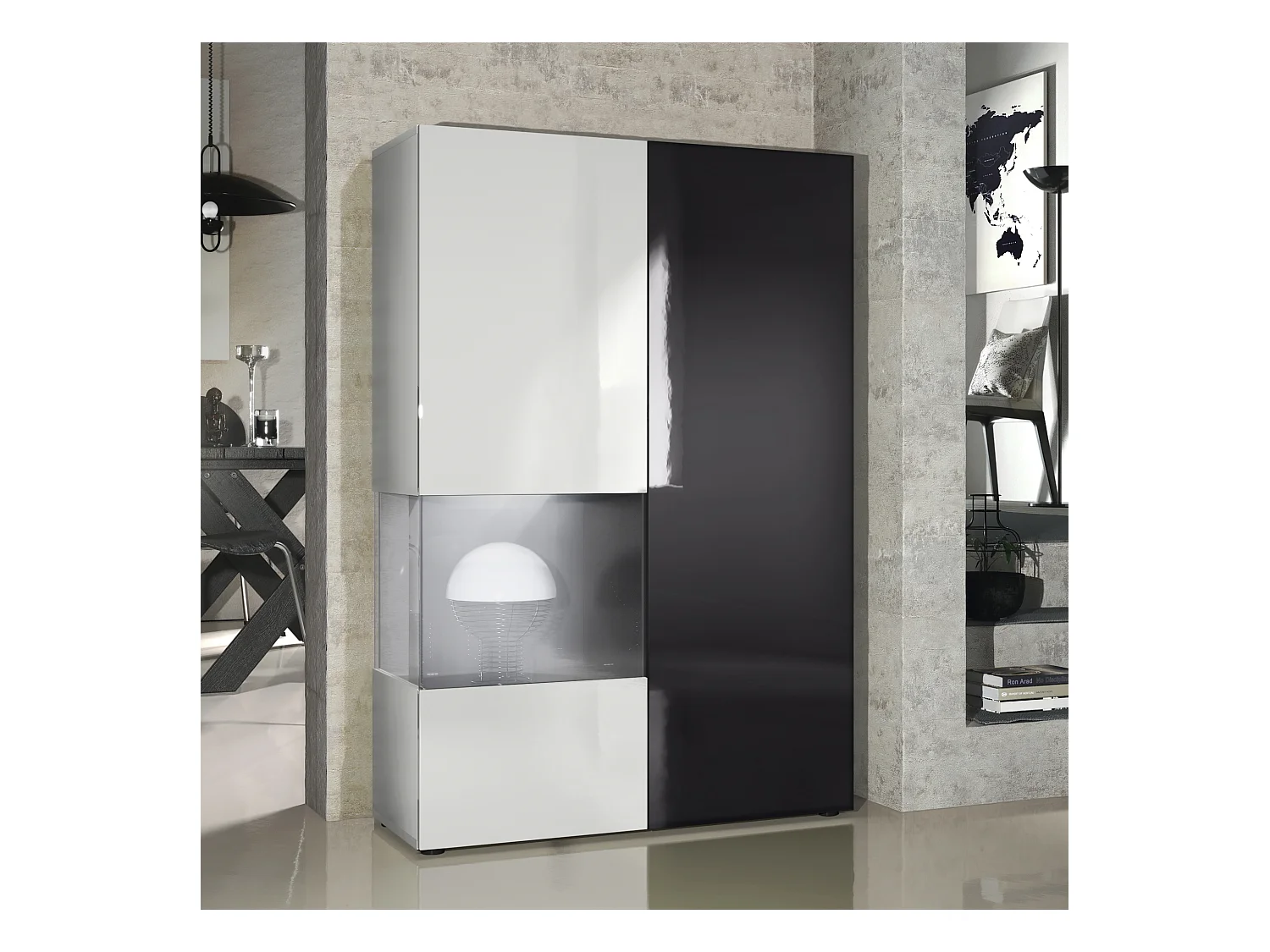 Vitrine Armoire Morena, Corps en Blanc mat / Porte droite et insert en Noir haute brillance