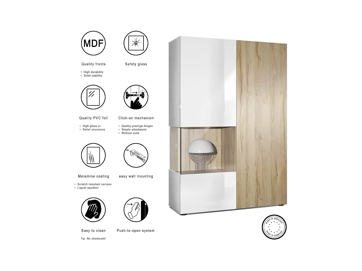 Vitrine Armoire Morena, Corps en Blanc mat / Porte droite et insert en Noir haute brillance